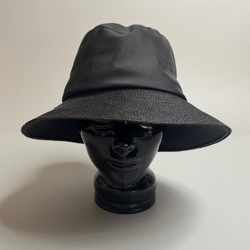 Patricia Underwood Black Mixed Material Bucket Hat Satin Crown Woven Straw Brim